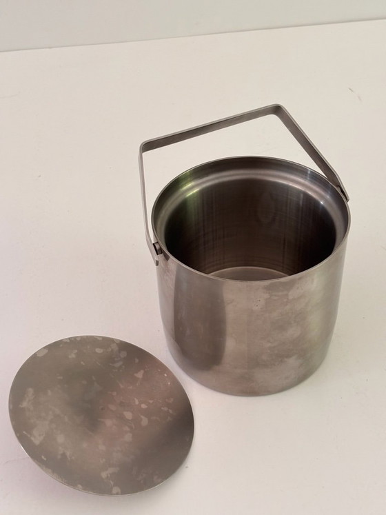 Image 1 of Seau à Glace Fufal Danemark Années 70 Inox Brossé Couvercle Massif Design Scandinave Vintage