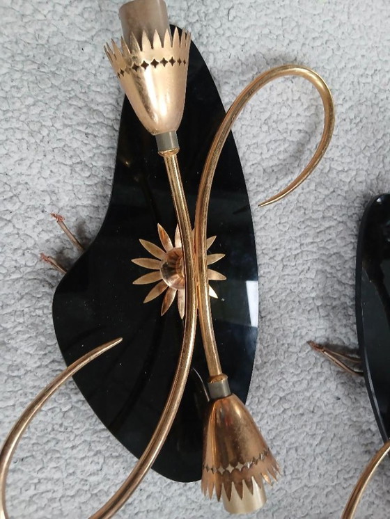 Image 1 of Applique da parete vintage anni '50, ottone dorato e metallo nero, stile retrò