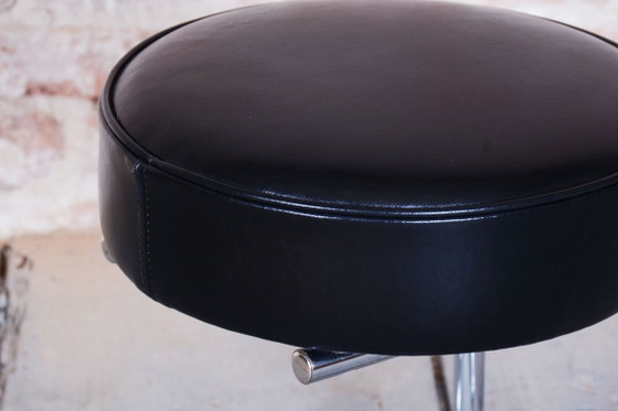 Restored Bauhaus Stool, Chrome-Plated Steel, Leather, Czech, 1950s, Metal, Black (photo 9 of 9)