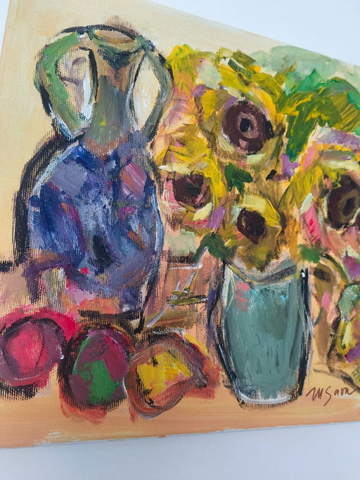 Original Sunflowers Still Life by M Savu | Acrylic on Canvas | 30 × 30 cm