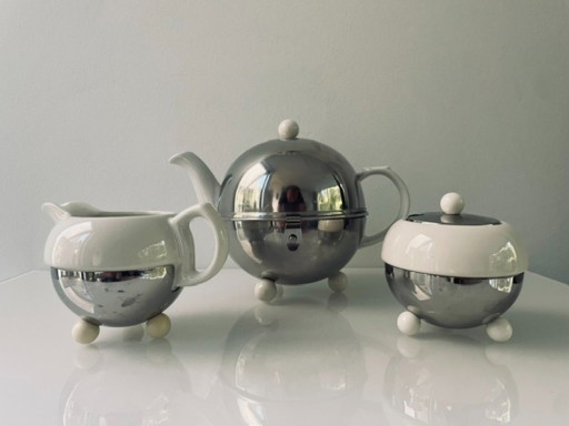 Servizio da tè/caffè vintage – ceramica e acciaio inossidabile – 3 pezzi