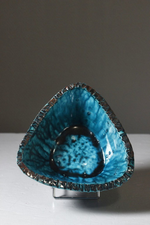 Accolay - Turquoise & black glazed ceramic fruit bowl, France, 1950s