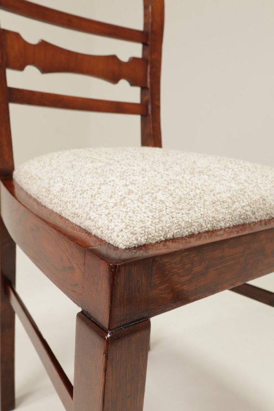 Image 1 of Art deco antieke eetkamerstoel eiken hout sneeuwvlokken stof 1950