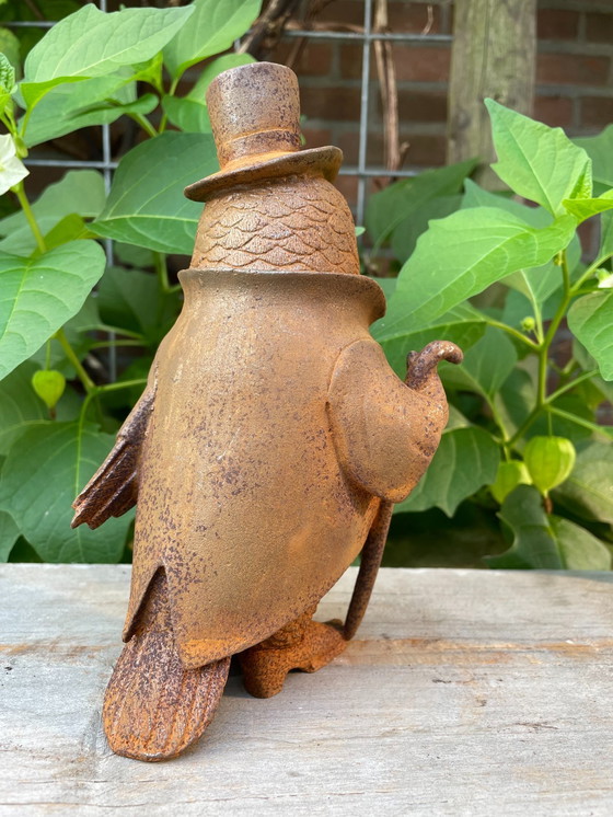 Image 1 of Hibou en costume avec canne et chapeau Statue en fonte