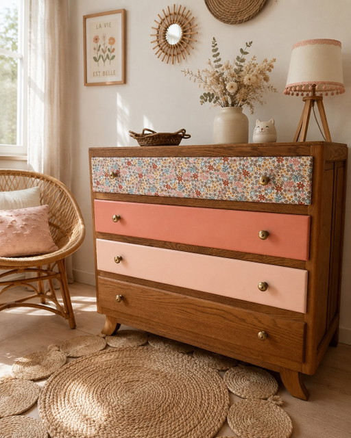 Gerestaureerde vintage ladekast, hout & poederroze beige – ladekasten, Wood