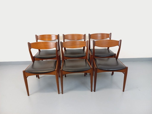 Set of 6 vintage Danish Scandinavian chairs by Aerthoj Jensen & Molholm in teak and skai from the 1960s