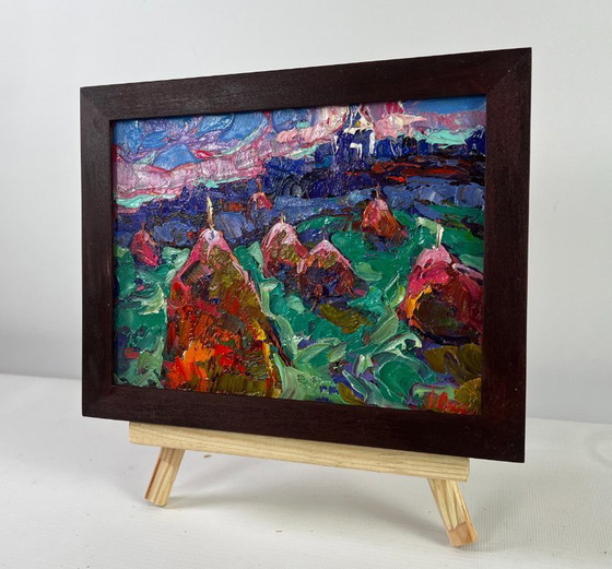Image 1 of Original Oil Painting Sunset Field Landscape The evening is falling silent