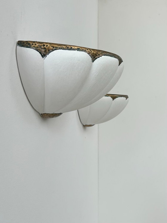 Image 1 of Pair of vintage seashell wall sconces, matte white plaster and gold details, France, 1970