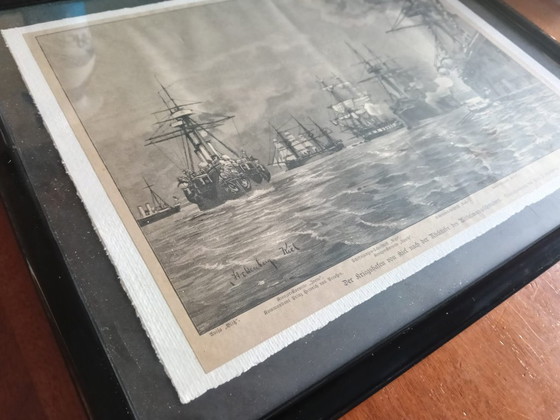 Image 1 of Grabado antiguo - Puerto de Kiel (ca. 1890) con marco