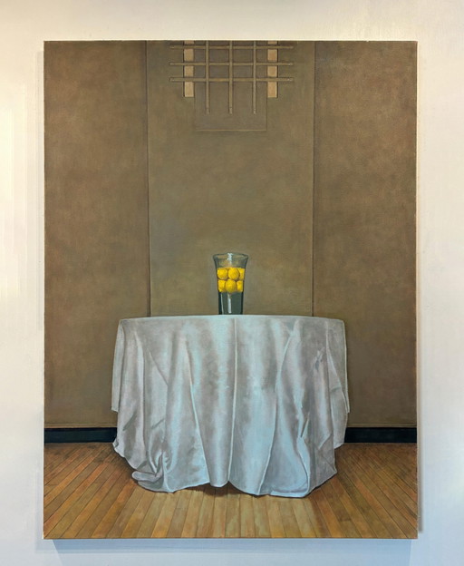 Refrigerador Melocotón - Pintura Interior de Cocina Gabinetes Amarillos Suelo de Azulejos, 2021