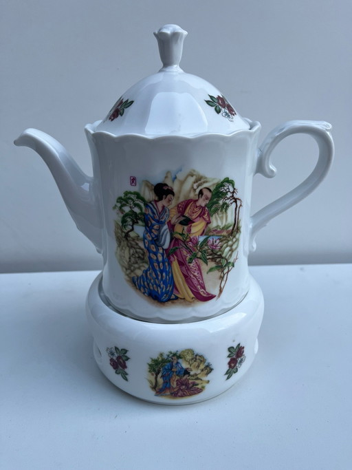 Vintage Royal Schwabap Teekanne 27cm mit Rechaud 15cm - Geisha Print - Komplett