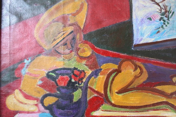 Image 1 of MIKLÓS NÉMETH (Attr.) – Abstraktes Interieur mit liegendem Akt – Öl auf Leinwand, Budapester Etikett