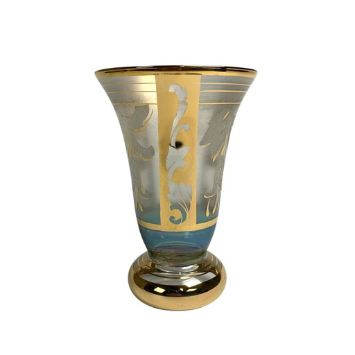Jarrón de cristal con decoraciones doradas, Bélgica, años 30