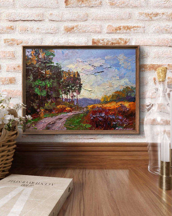 Original Oil Painting Autumn Nature Landscape The Road to the Forest – Paintings & Drawings, Canvas (photo 2 of 7)
