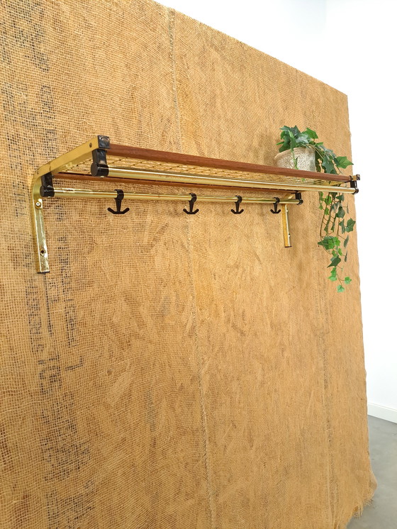 Image 1 of Coat Stand Habo From Sweden Gold Color With Teak And Shelf No. 2