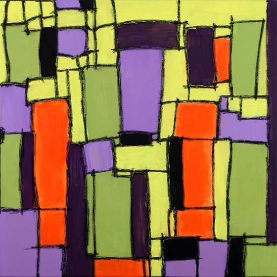 Image 1 of Modern abstract green, yellow, purple and orange mixed media painting