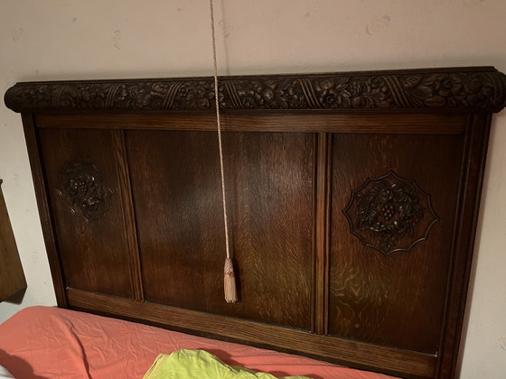 Image 1 of 4-piece bedroom furniture set with high-quality marble, all with the same wood detail.
