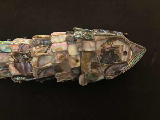 Image 1 of Flesopener met beweegbare vis, Mexicaans vintage, parelmoer, abalone, verzamelbaar barartikel, MCM