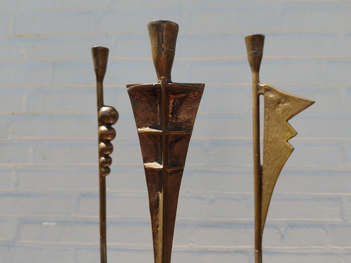 3 candelieri da terra vintage forgiati, in acciaio e ottone/bronzo