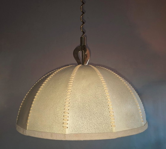 Image 1 of Large Leather, Vellum and Brass Cocoon Chandelier, Italy 1950s