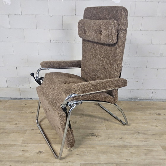 Image 1 of Vintage Verstelbare Relaxfauteuil Chroom / grijs / bruin stof / luie stoel / reclining chair