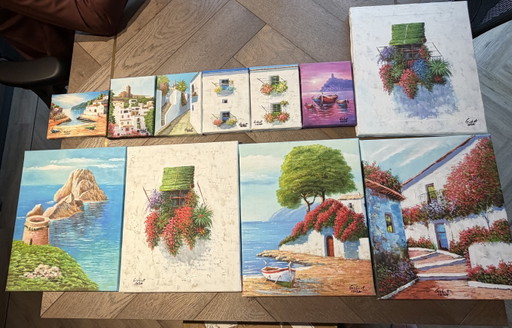 Set of Hand-Painted Ibiza Paintings – 11 Pieces – schilderijen tekeningen, Canvas
