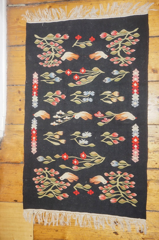 Image 1 of Vintage Oltenian Handwoven Bessarabian Kilim Rug with Birds, Tulips, and Flowers - Romanian Floral Woolen Wall Tapestry