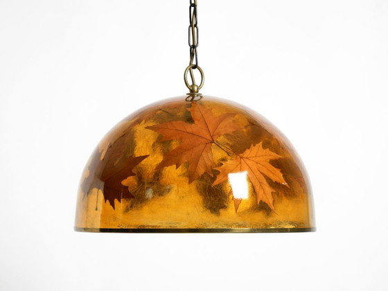 Image 1 of Rara e grande lampada a sospensione italiana degli anni '70 in resina con foglie d'acero incorporate.