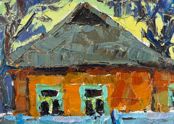 Image 1 of Original Oil Painting Evening Houses Landscape Quiet Village days