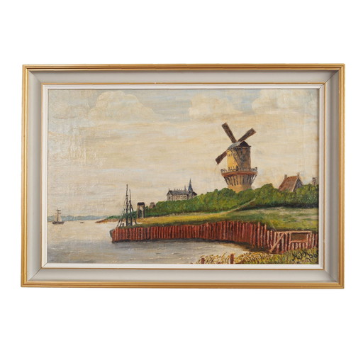 Peinture "Le moulin à vent au-dessus de la marina", design scandinave, années 1970