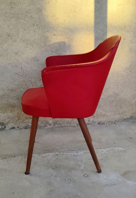 Red moleskin and wood cocktail armchair - 1960s, Side chairs (photo 6 of 8)