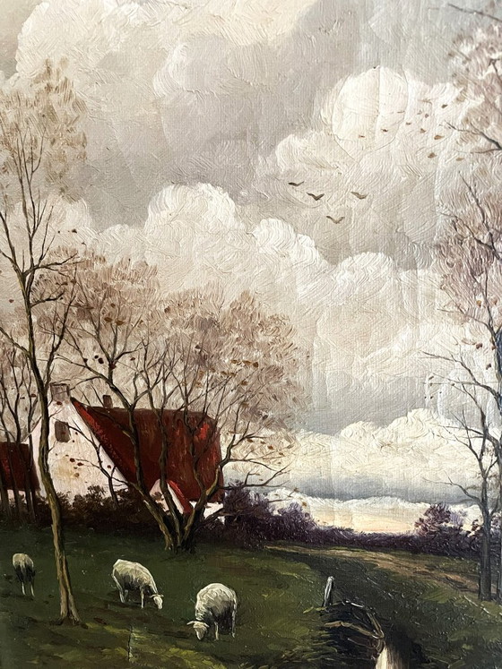 Landscape oil painting with sheep and house, Paintings & Drawings, Canvas, Wood, Green, Realisme (photo 3 of 6)