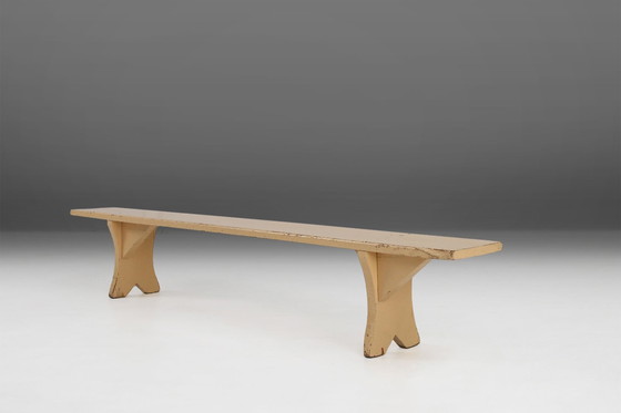 Image 1 of Rustic Hand-Crafted Beige Wooden Bench, France, 1900s