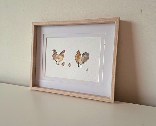 Watercolor painting chickens Original | Framed