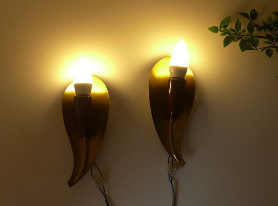 Coppia di Applique 'Foglia' anni '50 '60 Kaiser-Leuchten Ottone Bachelite (photo 2 of 9)