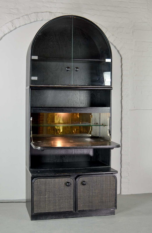 Mid-Century Black Pit Cane Bar Cabinet Designed in the Style of Jan des Bouvrie, 1970s