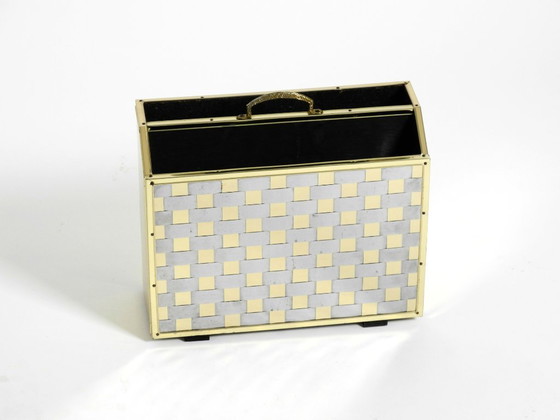 Image 1 of Extraordinary 1980s newspaper rack made of brass and wood in Hollywood Regency design