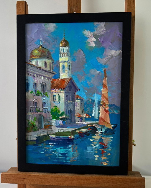 Original Oil Painting Coastal City Landscape The sea gently caresses the buildings