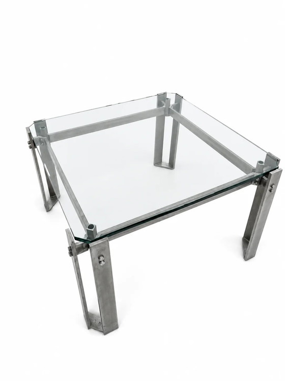 Table basse brutaliste / métal verre / années 80 / lourde – Livres d'art, Metal, Glass (photo 7 of 7)