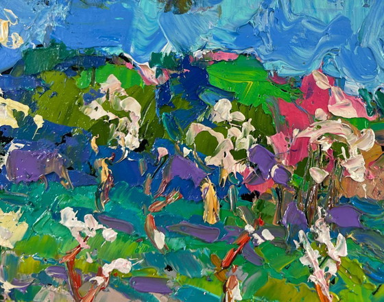 Image 1 of Original Oil Painting Flower Trees Landscape Blooming spring garden