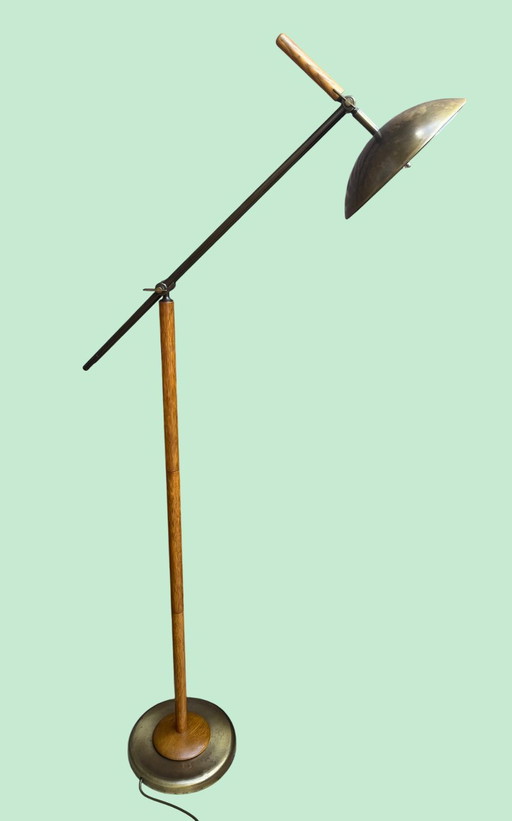 Lampadaire vintage danois en chêne/bronze