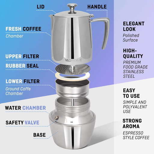 VeoHome Cafetière Italienne inox - Cafetière Moka Induction, Gaz, Céramique Style Expresso (500 mL)