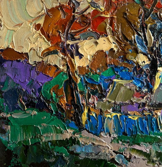 Image 1 of Original Oil Painting Sunset Village Landscape Cool wind in the evening