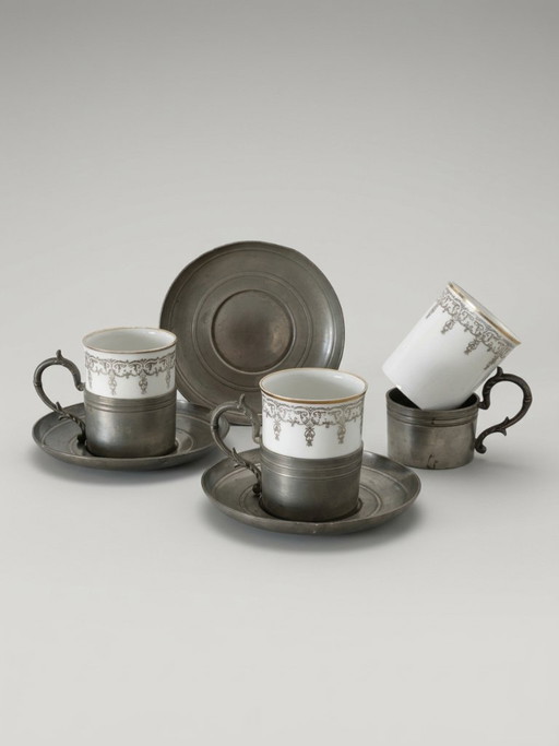 Three Limoges Porcelain and Pewter Cups – 20th Century