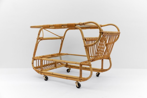 Image 1 of Carrello da portata italiano in bambù, rattan e vetro, anni '50
