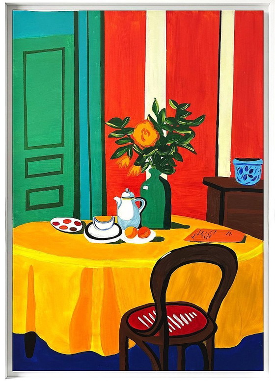 Image 1 of Pintura acrílica del artista E. García "El mantel amarillo" 100x70 cm