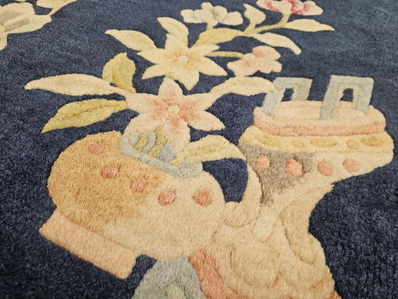 Image 1 of Handgeknüpfter orientalischer Aubusson-Teppich aus Wolle mit blauem Blumenmuster, 307 x 430 cm