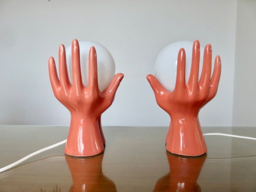 Pair of ceramic "hands" lamps, vintage, 70s' 80s'