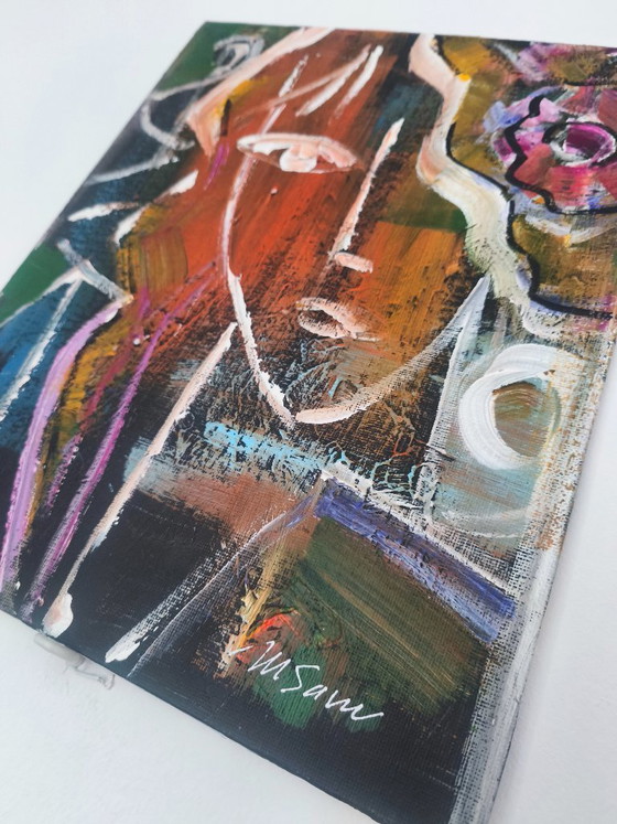 Image 1 of M Savu – Original Abstract Expressionist Portrait | Acrylic on Canvas Board | 30 × 24 cmo