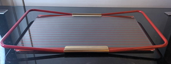 Image 1 of Vintage MB Patent Red Metal & Glass Serving Tray - Made in Italy - 1970s/1980s